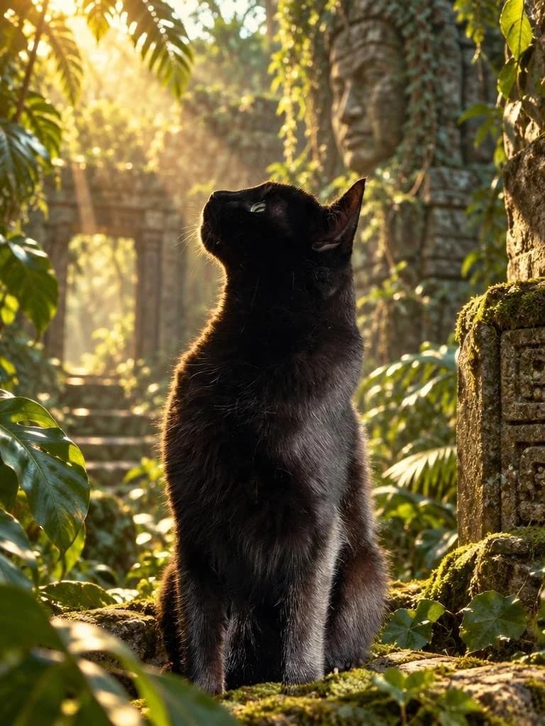 Chuck the black cat looking upward in a sunlit jungle beside ancient ruins