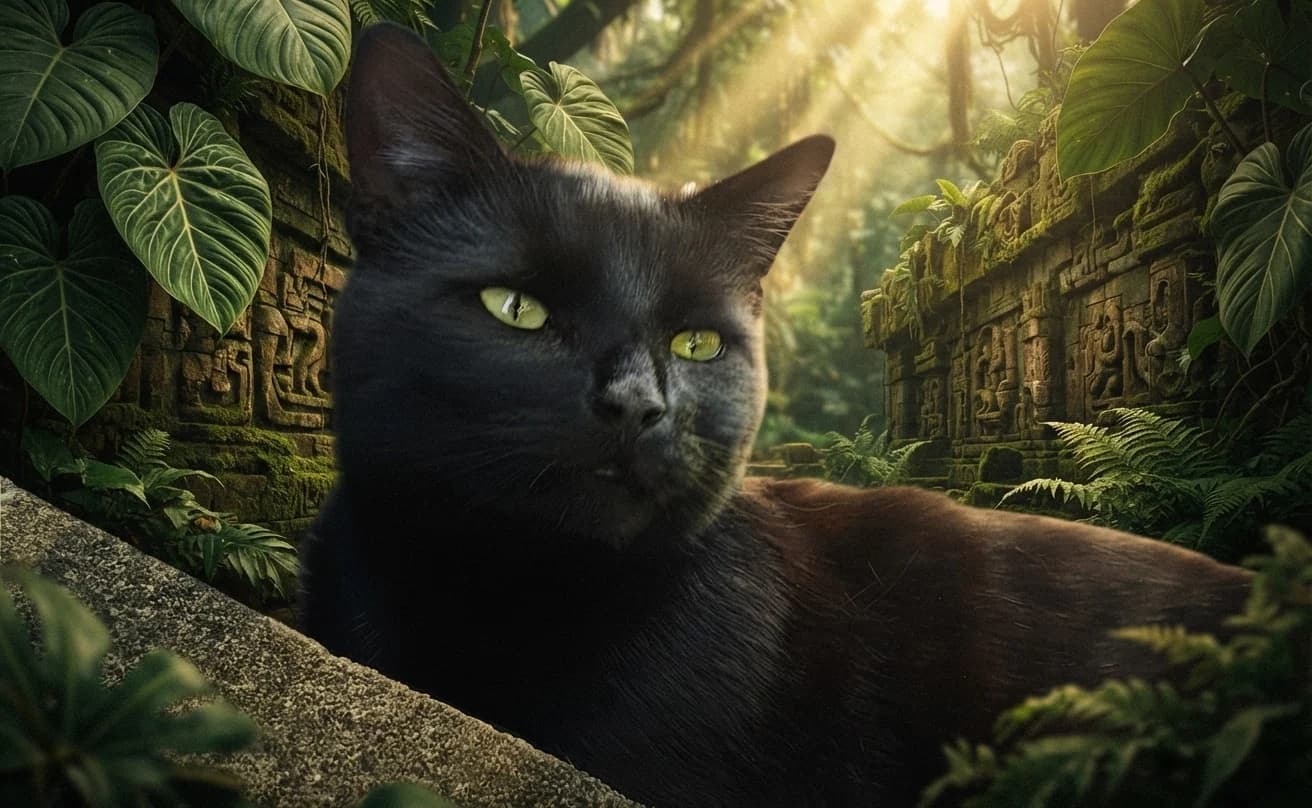 Black cat exploring cinematic jungle ruins