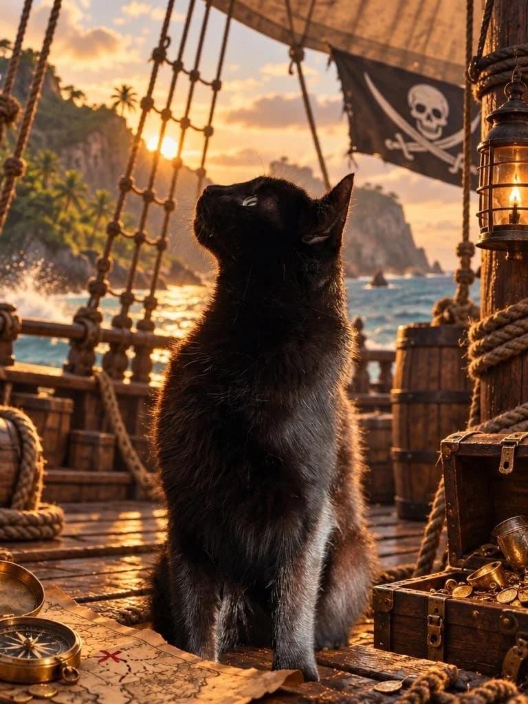 Chuck the black cat on a sunlit pirate ship looking upward beside a treasure map