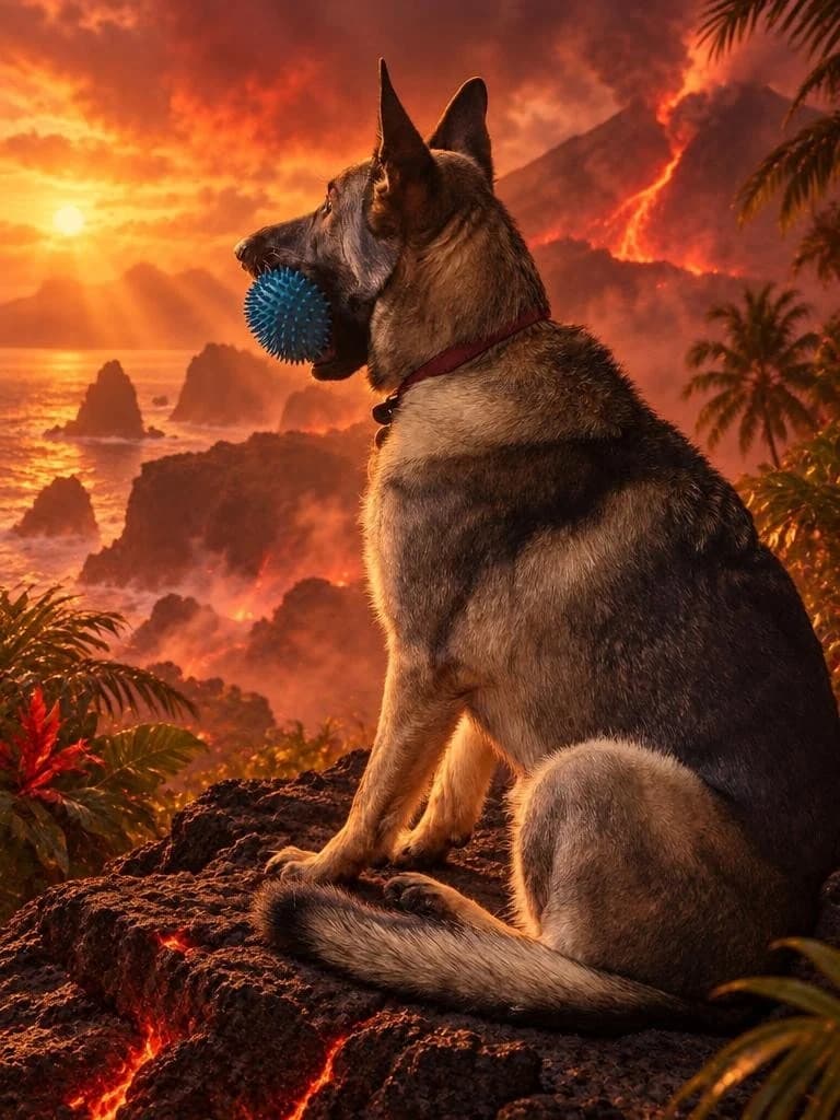 Eve holding a blue ball on a volcanic island at sunset