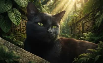 Black cat in a cinematic jungle expedition surrounded by ancient stone ruins