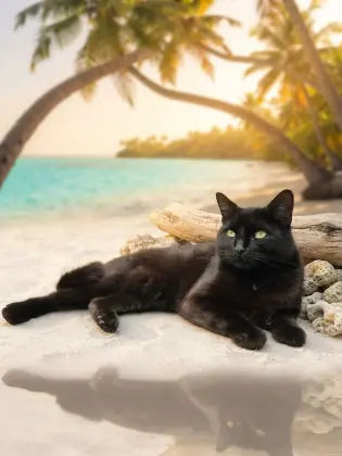 Black cat relaxing on white sand beside a tropical lagoon