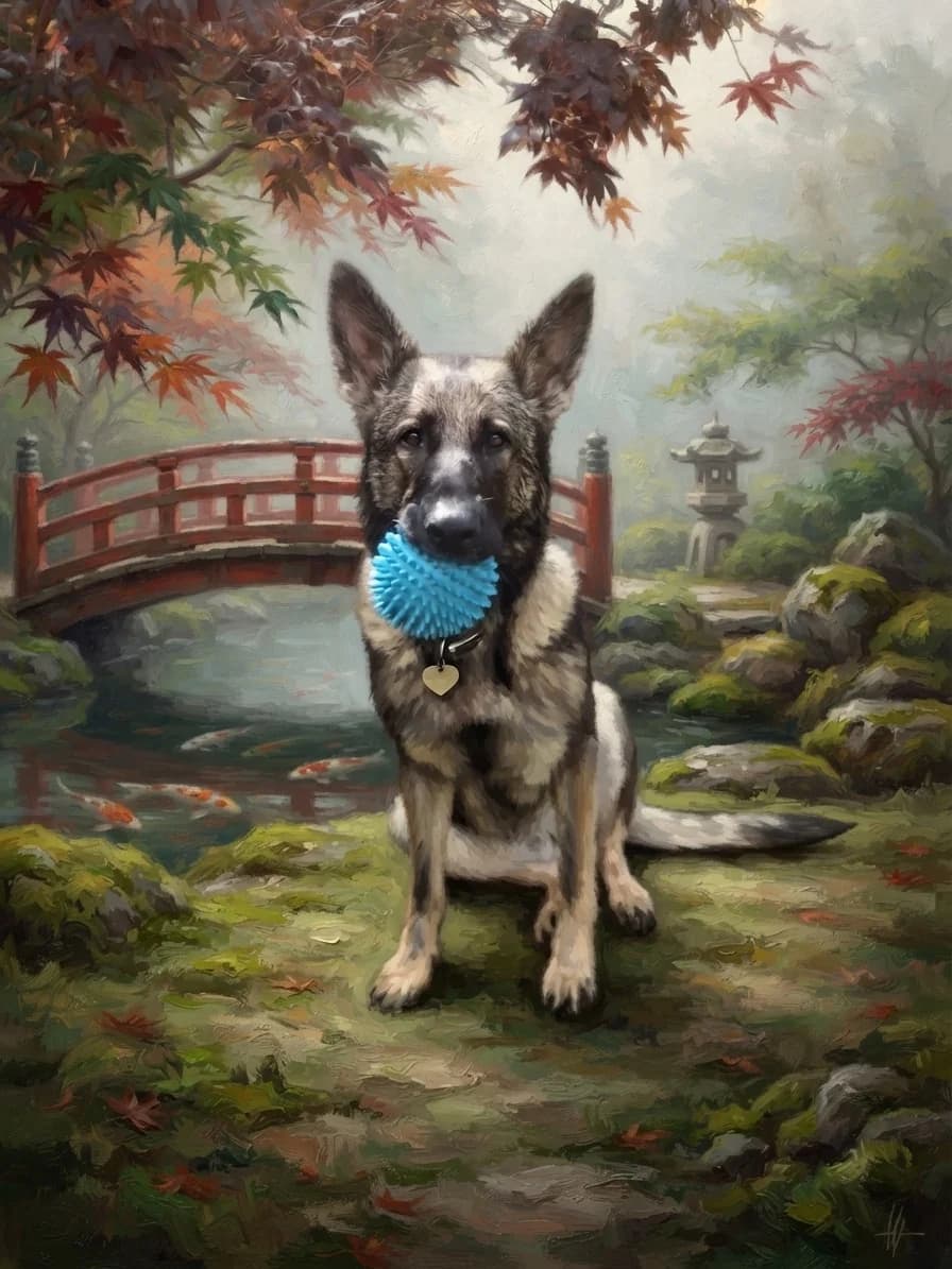 German Shepherd painted in oils inside a Japanese garden
