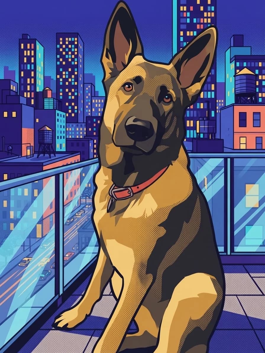 German Shepherd rendered in colourful Pop Art above a city skyline