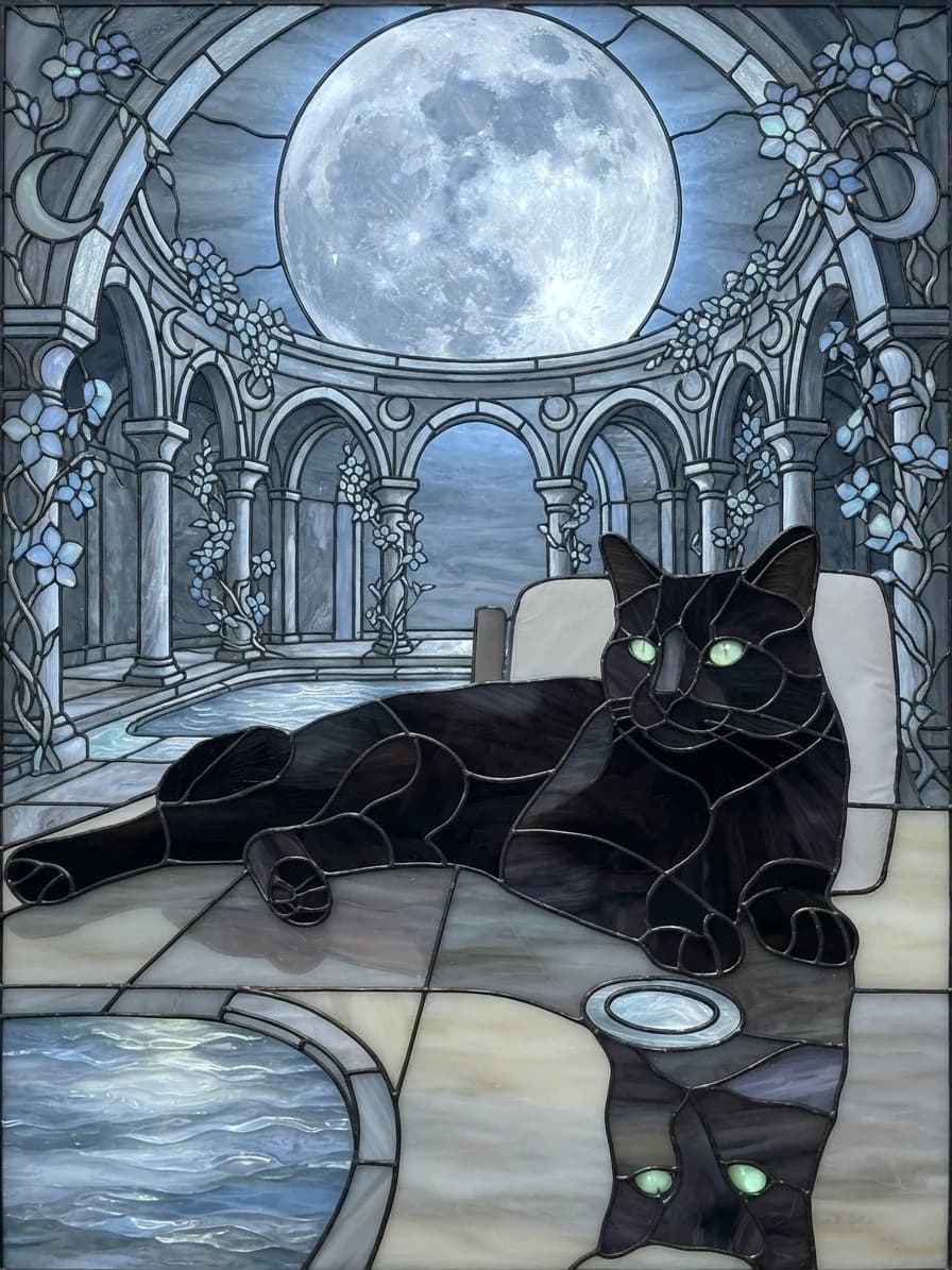 Black cat rendered in stained glass inside a moonlit temple