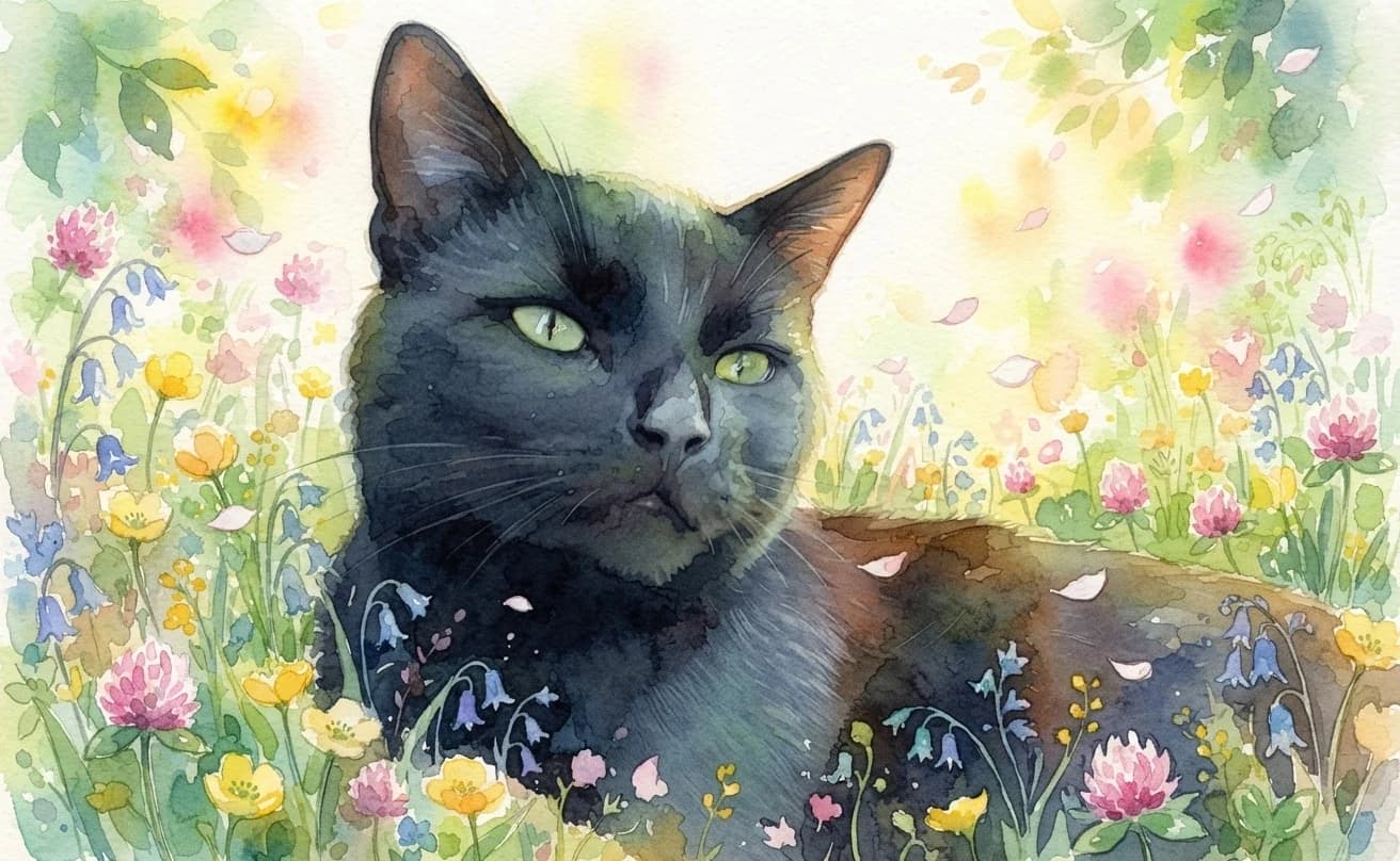Black cat painted in watercolor among spring meadow flowers