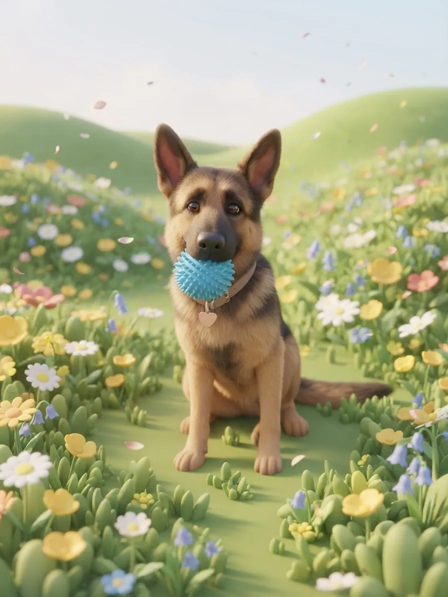 German Shepherd transformed into a softly shaded 3D cartoon character