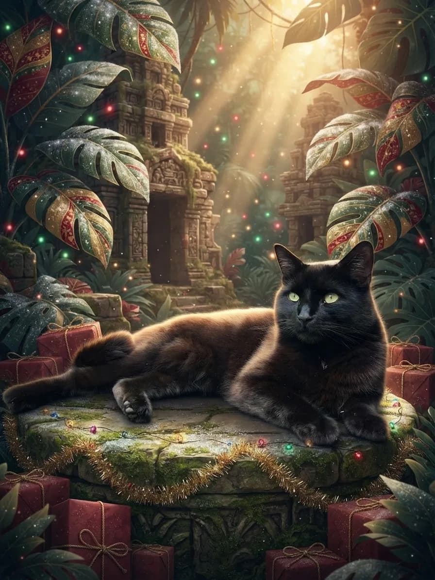 Black cat inside a tropical jungle temple decorated for Christmas
