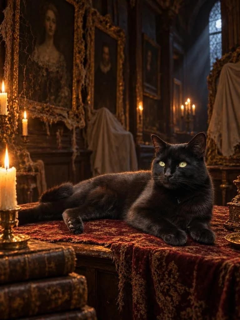 Black cat inside a candlelit gallery of antique portraits