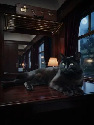 Black cat resting inside a rain-soaked sleeper train with dramatic cinematic lighting