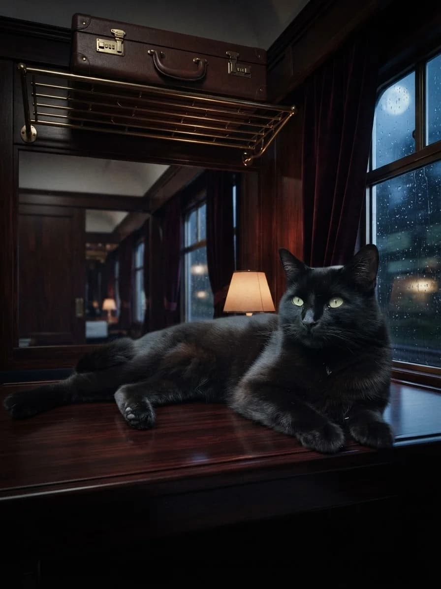 Black cat inside a cinematic sleeper train