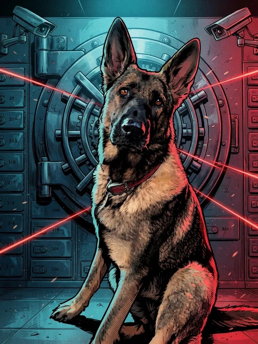 German Shepherd in bold comic-book ink inside a steel vault crossed by red lasers