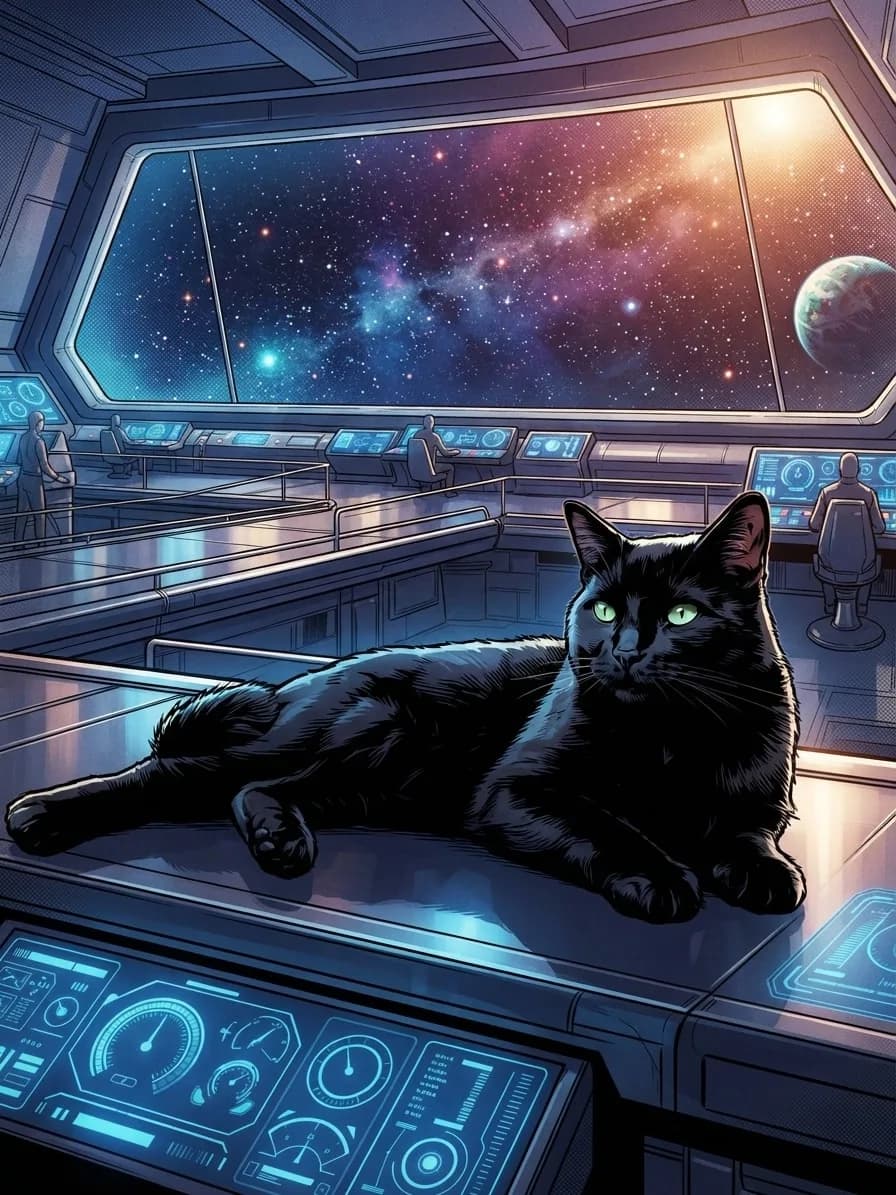 Black cat reclining on a starship console in crisp comic-book linework
