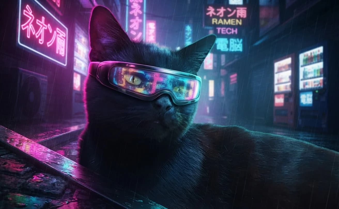 Black cat wearing a holographic visor in a neon city