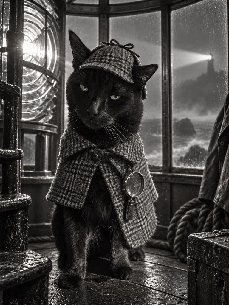 Chuck dressed as a detective inside a storm-lit lighthouse