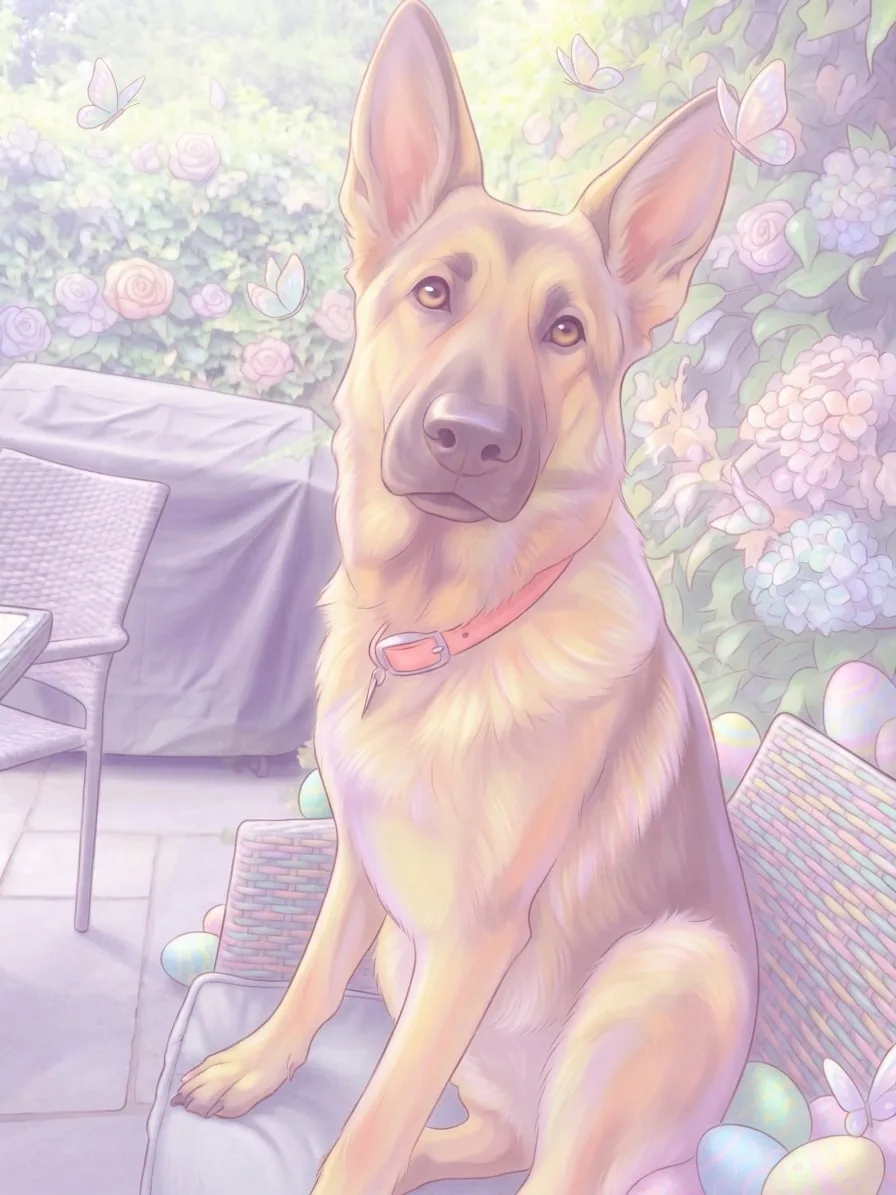 German Shepherd surrounded by pastel Easter flowers and painted eggs