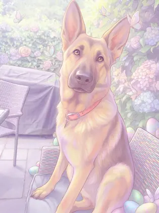 German Shepherd surrounded by pastel Easter flowers, butterflies and painted eggs