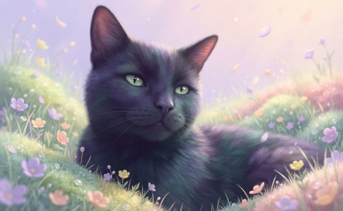Black cat resting in a pastel spring meadow filled with flowers
