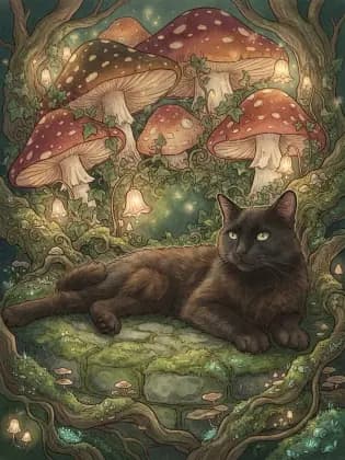 Black cat illustrated in a storybook mushroom grotto with glowing woodland plants