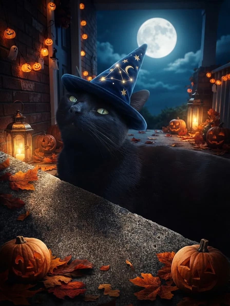 Black cat wearing a wizard hat in a cinematic Halloween scene