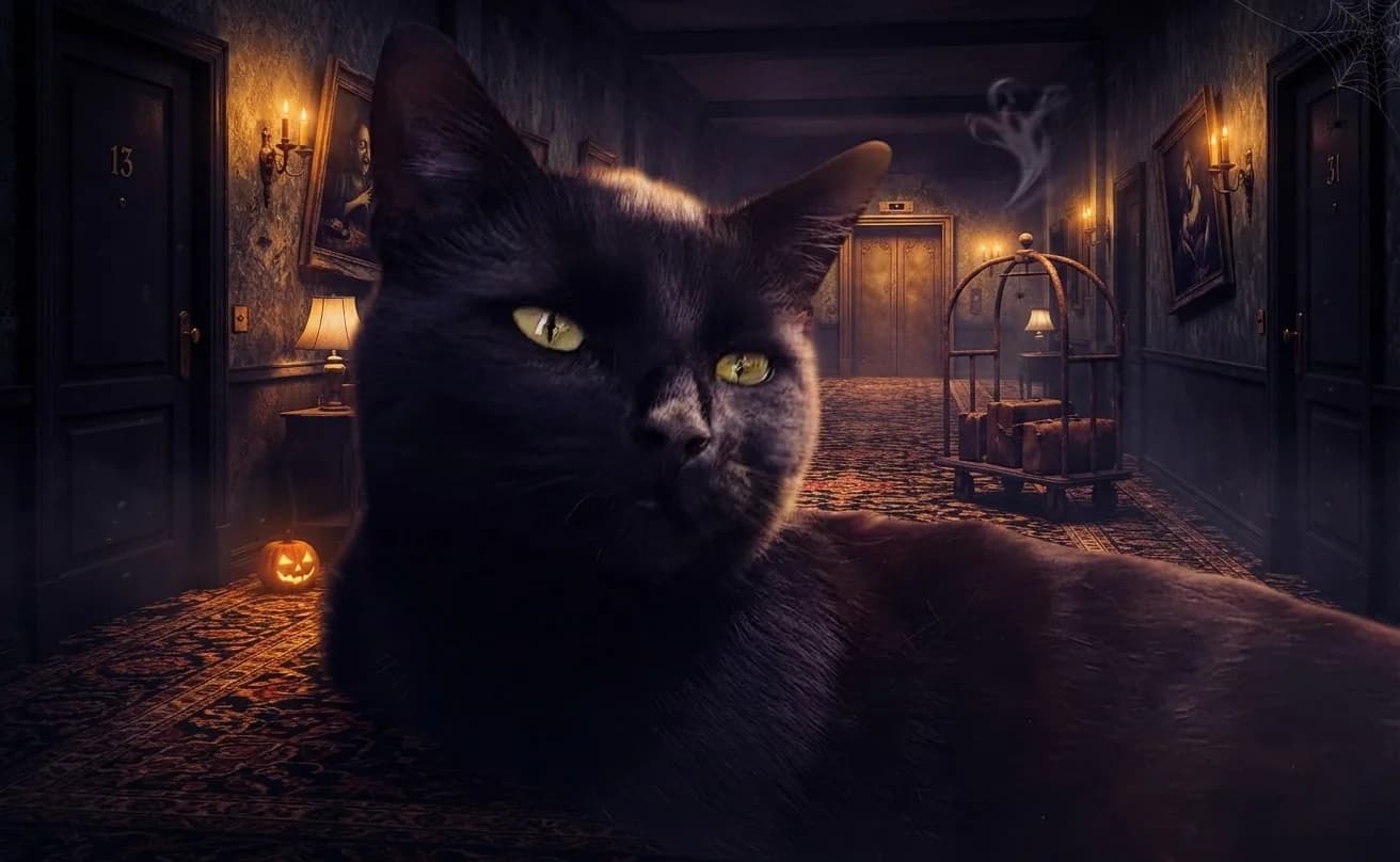 Black cat inside a haunted hotel with Halloween lighting