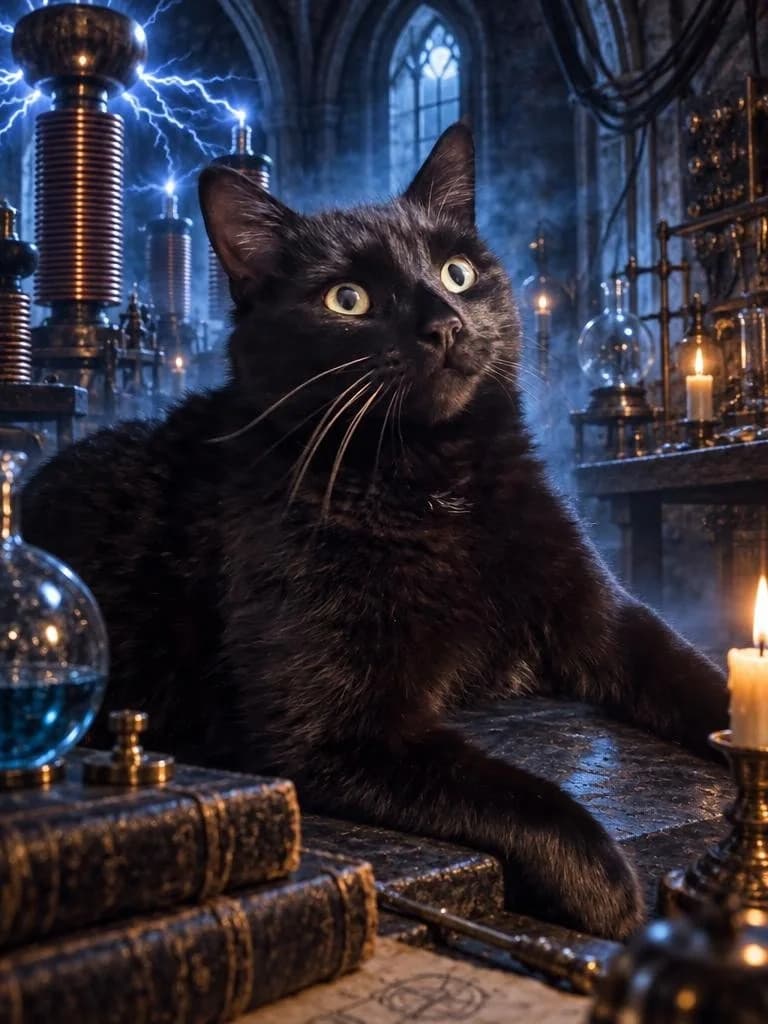 Black cat reclining in a moonlit gothic electric laboratory