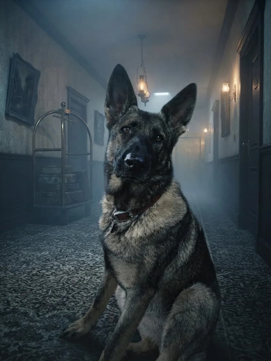German Shepherd sitting inside a foggy haunted hotel corridor