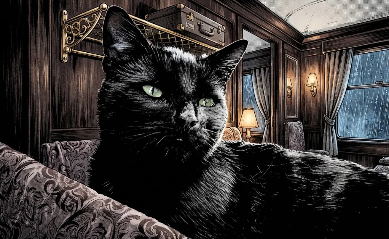 Black cat illustrated in manga ink inside a sleeper train
