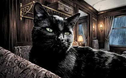 Black cat illustrated in high-contrast manga ink inside a moonlit sleeper train