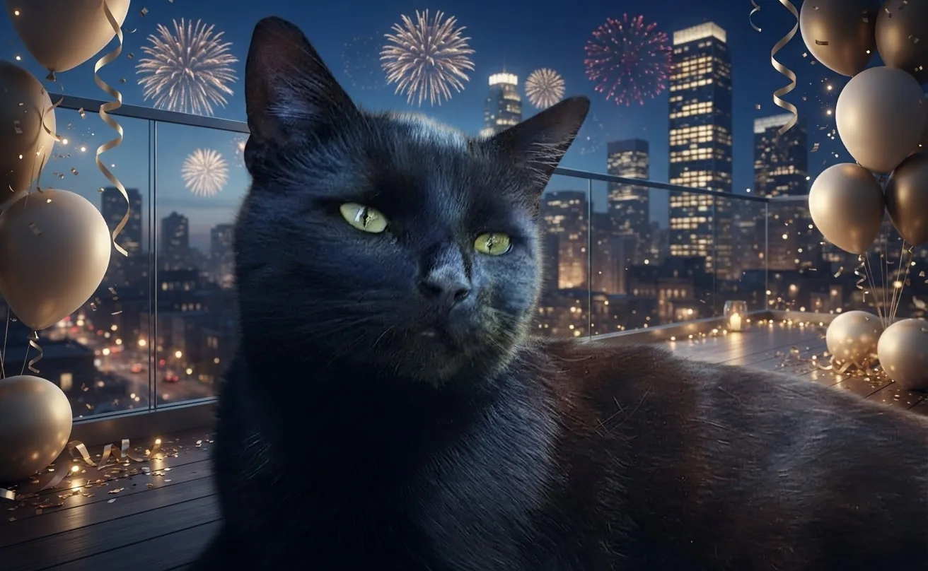 Black cat relaxing on a city rooftop at blue hour