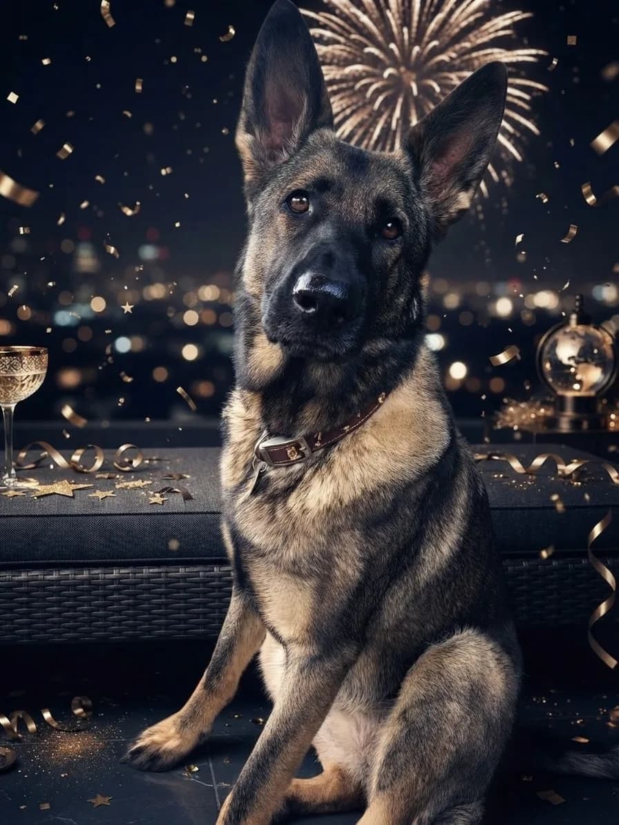 German Shepherd beneath gold New Year fireworks on a city rooftop