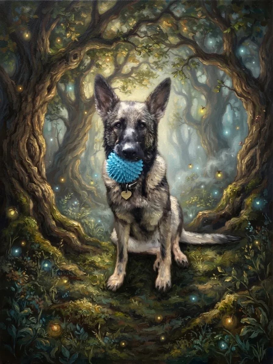 German Shepherd painted in oils beneath glowing trees in an enchanted forest