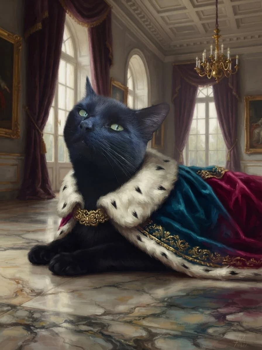 Black cat wearing a velvet royal cape inside an ornate palace
