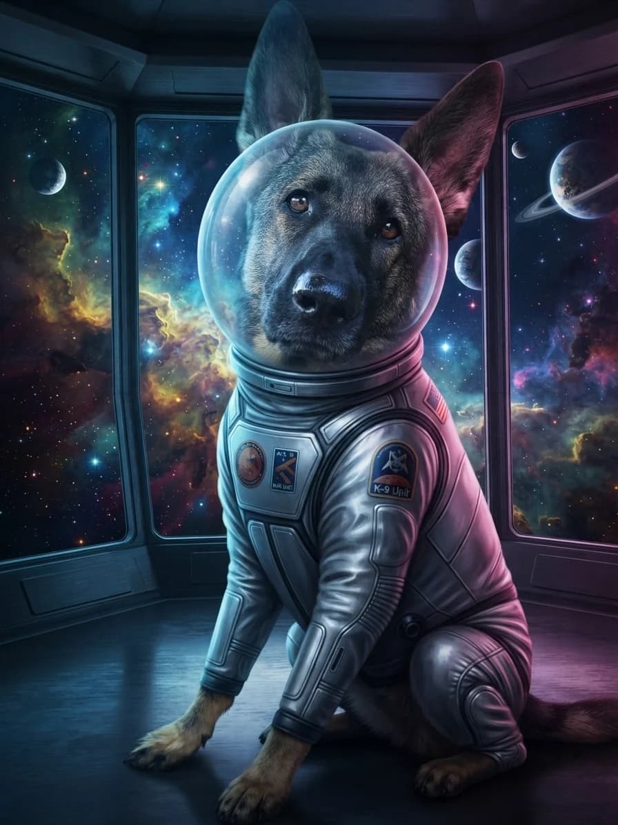 German Shepherd wearing a space suit inside an observation deck