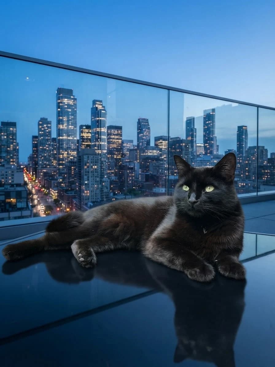 German Shepherd posed against a polished city skyline