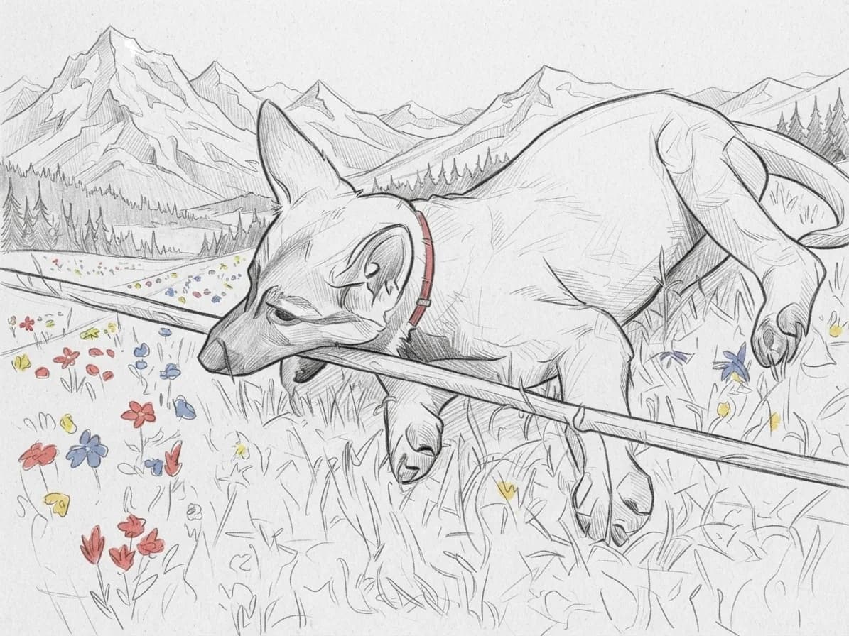 Young German Shepherd drawn in graphite among mountain wildflowers