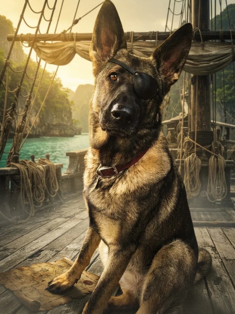 German Shepherd dressed as a pirate captain on a wooden ship