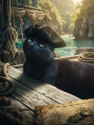 Black cat wearing a weathered pirate Tricorne aboard a ship at sunset