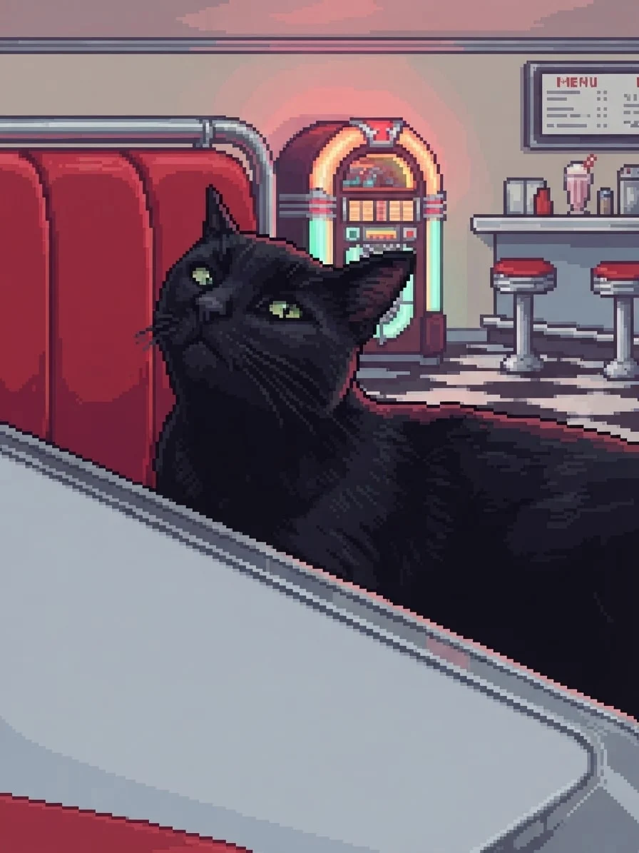 Black cat rendered in 16-bit pixel art inside a diner
