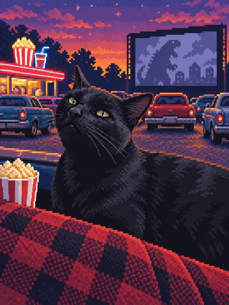Black cat at a classic drive-in movie rendered in colourful 8-bit pixel art