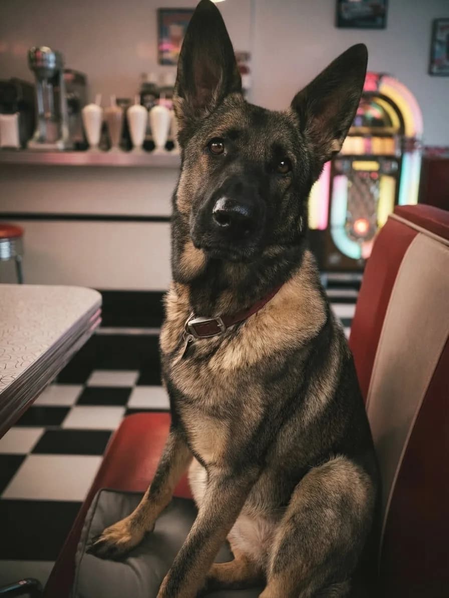 German Shepherd photographed inside a softly lit 1950s diner