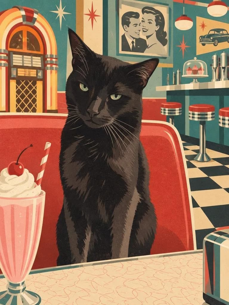 Black cat in a 1950s diner rendered as a mid-century flat illustration