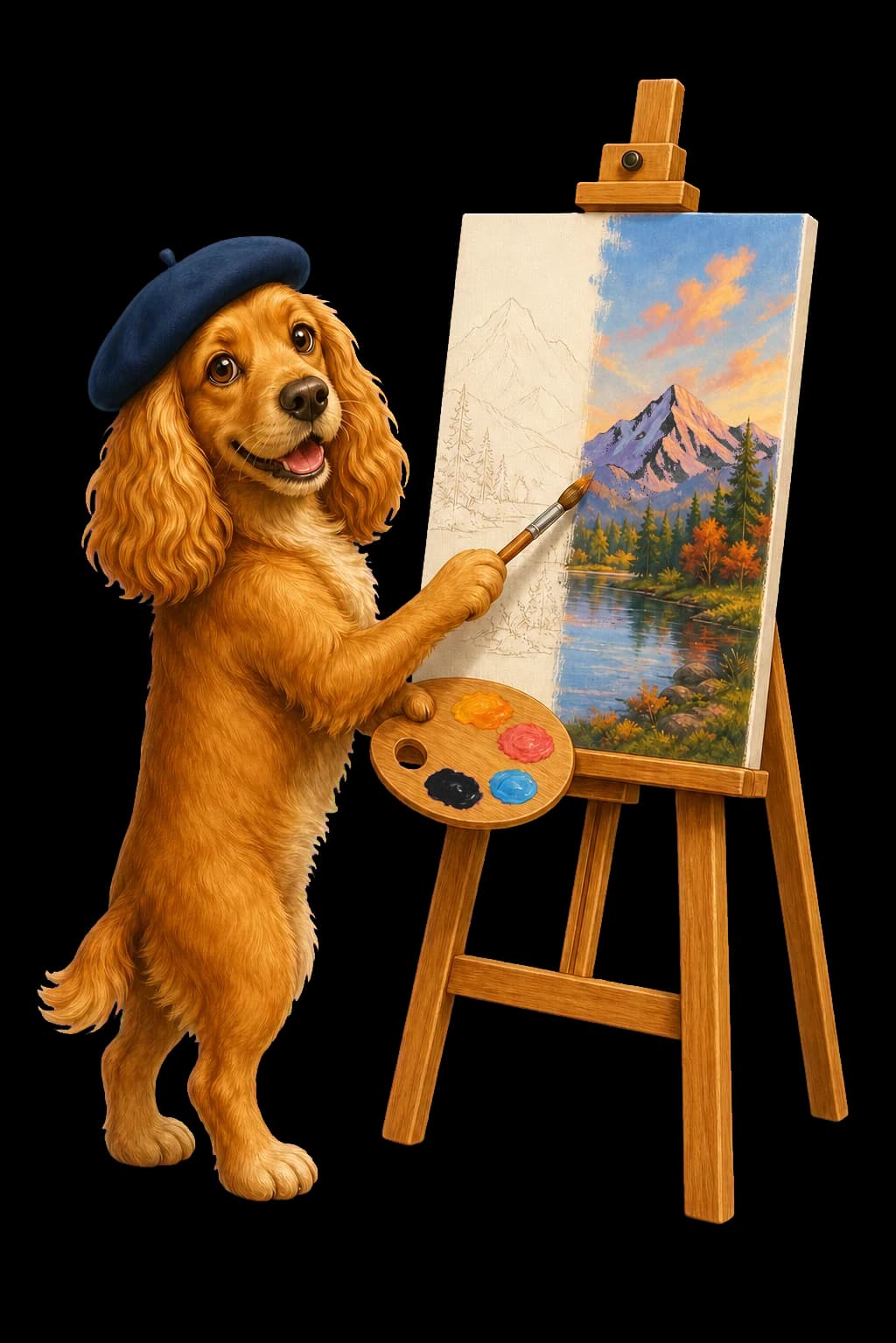 Golden dog in a painter's beret completing one half of a landscape painting on an easel