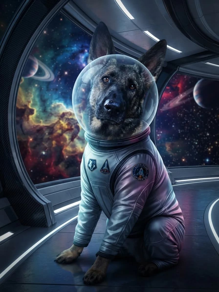 German Shepherd wearing a silver astronaut suit inside a space station
