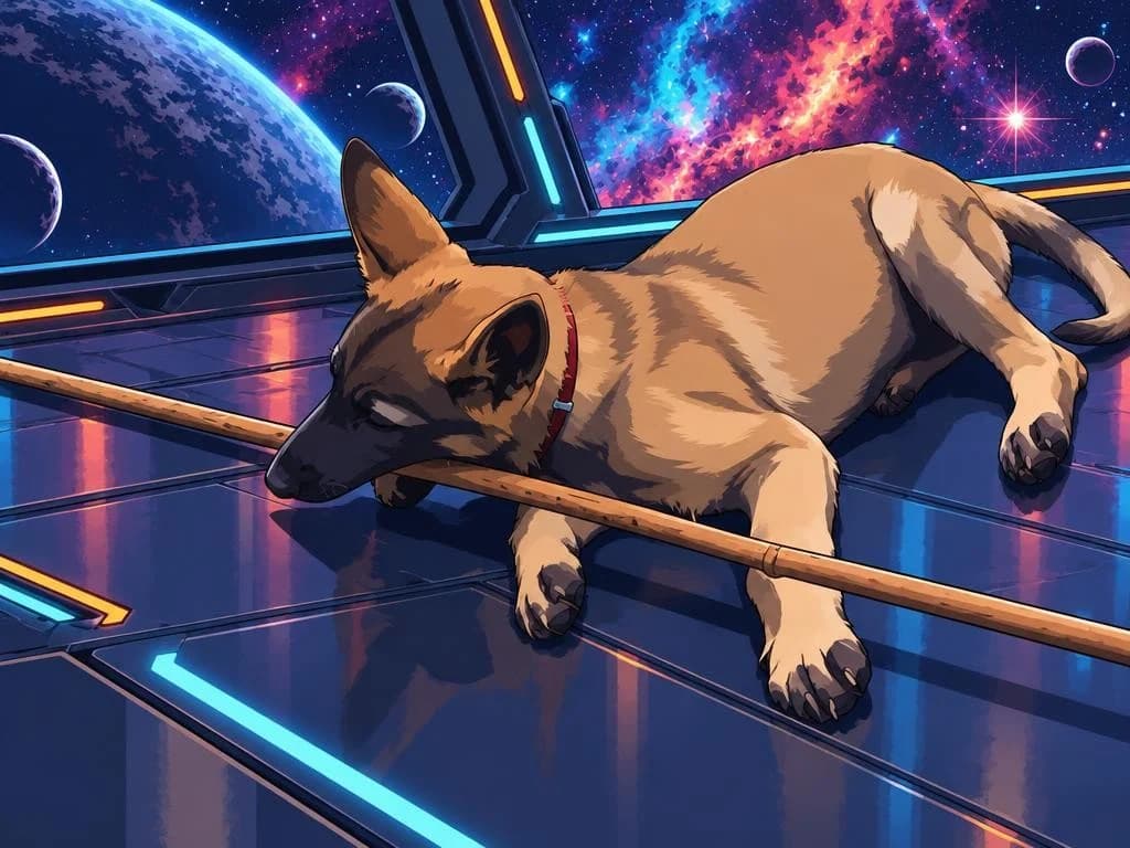 German Shepherd puppy illustrated in Neon Edge Anime while sleeping beside a long stick on a colourful deep-space observation deck