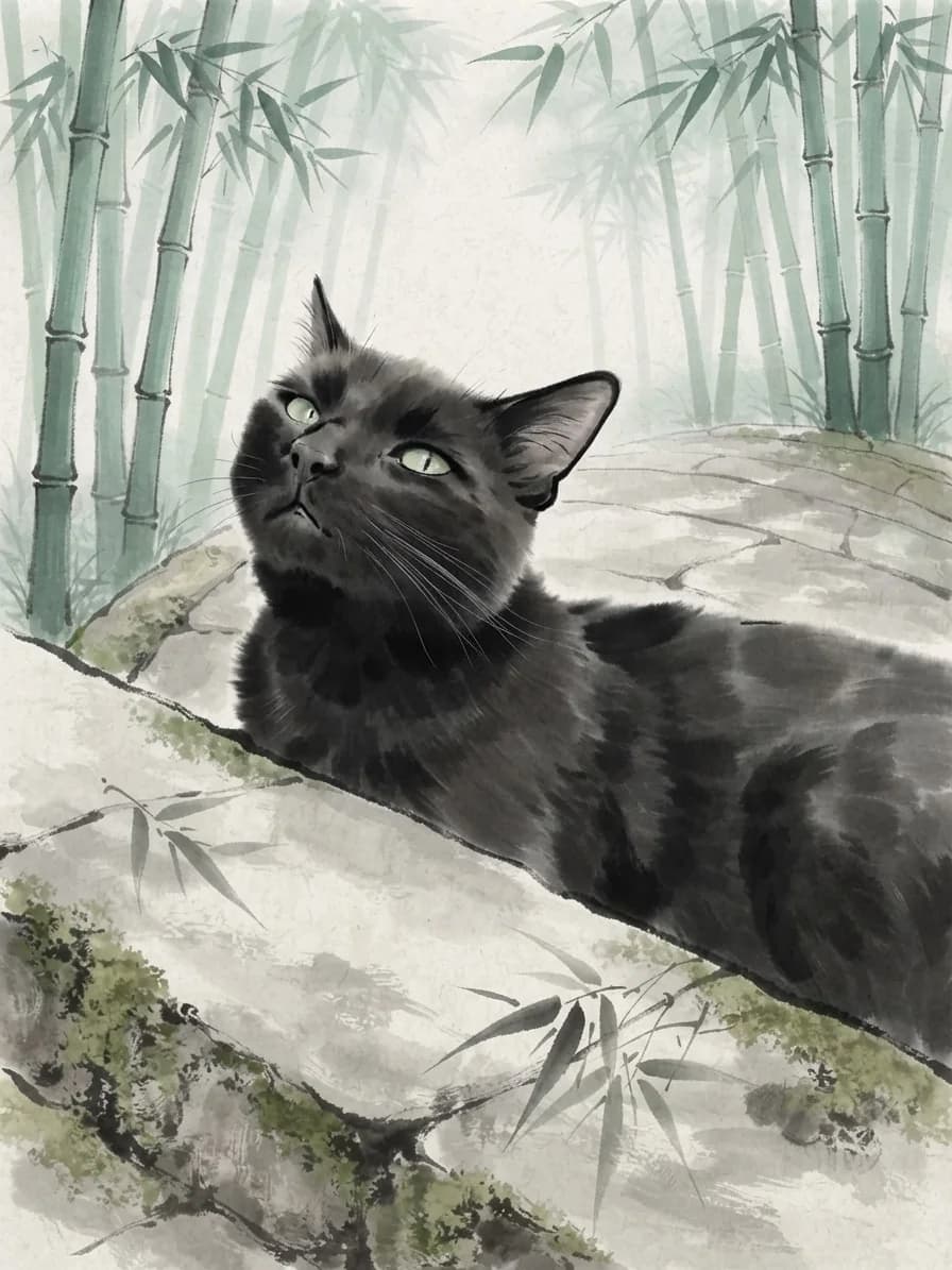Black cat painted in Sumi-e ink among pale bamboo