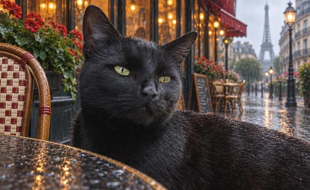 Black cat reclining at a rain-soaked Paris cafe with the Eiffel Tower in the distance