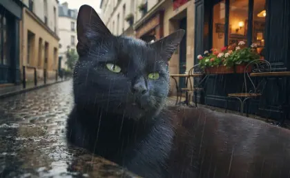 Black cat on a rain-soaked Paris street beside glowing cafe windows