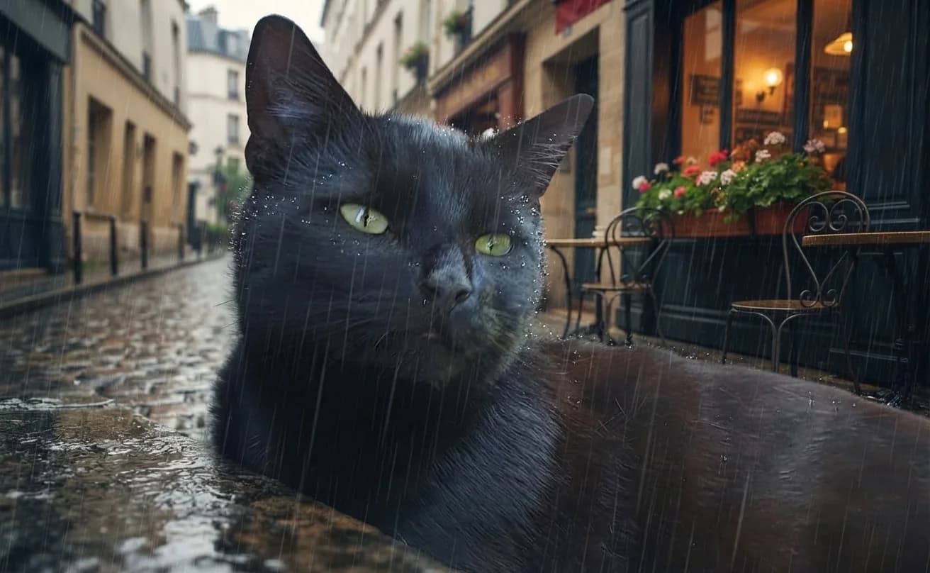 Black cat on a rain-soaked Paris street