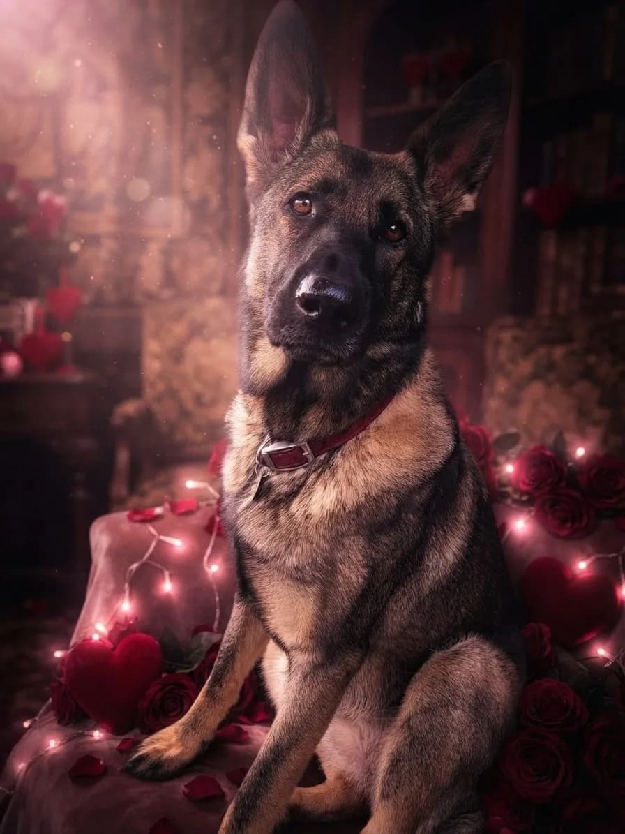 German Shepherd surrounded by roses and warm Valentine lights